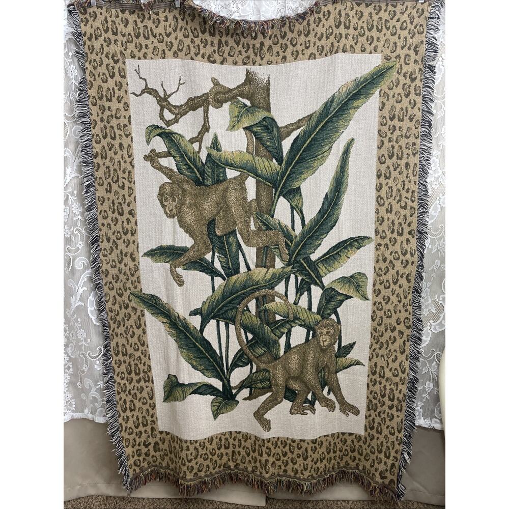 Tapestry Blanket Throw Jungle Monkeys Animal Safari Brown Green Blanket 45 x 68